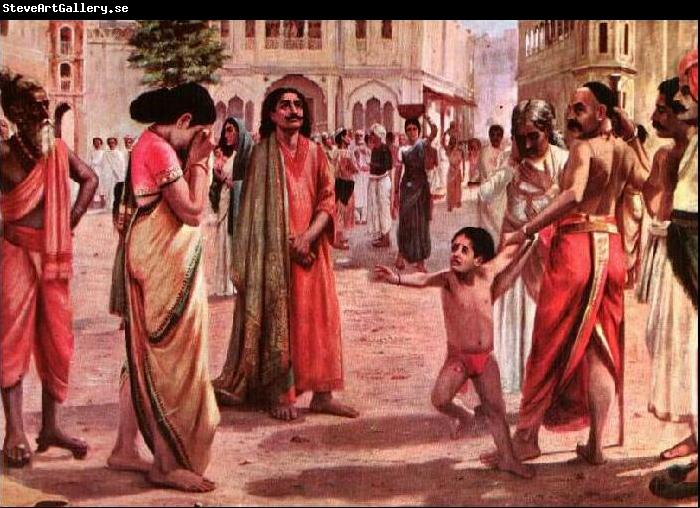 Raja Ravi Varma Harischandra in Distress, having lost his kingdom and all the wealth parting with his only son in an auction